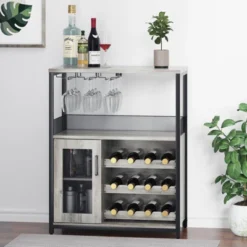 3-Tier Wine Bar Cabinet With Detachable Wine Rack And Drawer, Industrial Sideboard And Buffet Cabinet -Baxton Studio Shop GUEST dc9218a1 4f2a 40c1 92b9 9284e472b55a