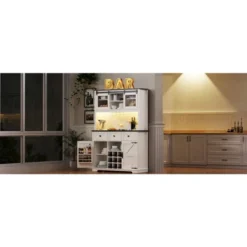 71" Farmhosue Pantry Bar Cabinet With Internal Pegboard Storage Rack,Power Outlet,Kitchen Cabinet With Sliding Door,9 Wine & Glasses Rack,3 Drawers -Baxton Studio Shop GUEST dcf18dc3 f7b2 4c95 b4a2 dc0c1b611882