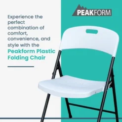 Peakform Fully Assembled Durable Ergonomic Lightweight Plastic Foldable Chair With Metal Frame For Indoor Or Outdoor Use, 4 Pack, White