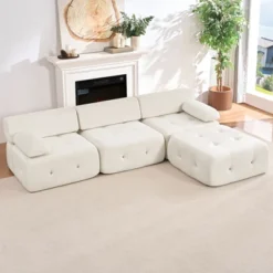 Mjkone L-Shaped Velvet 3-Seater Modular Sectional Sofa With Ottoman, Convertible Sofa Couches With Rivet Trim