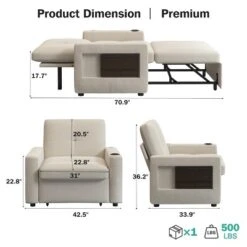 Vipbear 42.5" W Sleeper Sofa Bed With Pull Out Bed,3-in-1 Convertible Sleeper Sofa Chair With Adjustable Reclining Backrest,USB Ports,Side Table
