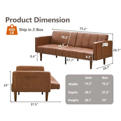 75" Futon Sofa Bed, Mid-Century Modern Futon Couch, Convertible Sleeper Sofa With Adjustable Backrest, PU Leather Sofa Couch For Living Room, Brown 1 75" Futon Sofa Bed, Mid-Century Modern Futon Couch, Convertible Sleeper Sofa With Adjustable Backrest, PU Leather Sofa Couch For Living Room, Brown