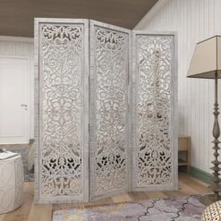 Farmhouse Wood Carved Room Divider Screen White - Olivia & May -Baxton Studio Shop GUEST deba50cc a877 4ec5 bc11 c509c6a5fa08
