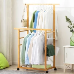 Artloge Thicken Double Rod Bamboo Hanging Clothes Rack Portable Rolling Coat Garment Stand Storage Organizer With Shoe Shelves & Wheels 15 Artloge Thicken Double Rod Bamboo Hanging Clothes Rack Portable Rolling Coat Garment Stand Storage Organizer With Shoe Shelves & Wheels -Baxton Studio Shop GUEST dfa4afea d60a 4b33 8cbb 115f5bbc724b