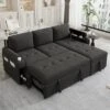 84"W Upholstered L-shaped Sofa Couch Convertible Sofa Bed Sectional Sofa With 2 Cup Holders, 2 USB Ports And Storage Space, Beige/Black/Gray-ModernLux