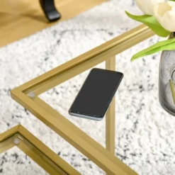 HOMCOM 38" Modern Tempered Glass Coffee Table, Side Table With 2 Tabletops For Living Room, Office, Bedroom, Gold -Baxton Studio Shop GUEST e0005c2e 2c79 45aa 88fd 356324d00809