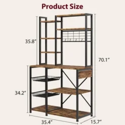 70.1" Bakers Rack With Power Output, Coffee Bar Station With 2 Big Metal Basket, Large Storage Rack, Coffee Stand Station