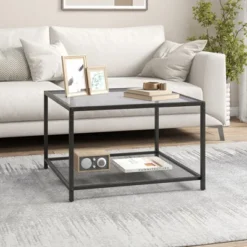 Costway Glass Coffee Table 27.5 Inch 2-Tier Square With Mesh Shelf Living Room Grey/Transparent -Baxton Studio Shop GUEST e04db522 0350 4ca4 97db 2af2f7e644f4