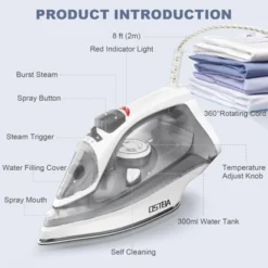 OSTBA 2300W Steam Iron, Nonstick Soleplate, Rapid Heating, Self-Clean, Anti-Limescale, Drip Stop, 300ml Tank For Home