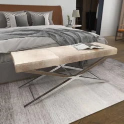 Contemporary Stainless Steel Cowhide X-Bench Beige - Olivia & May -Baxton Studio Shop GUEST e165736c 85bb 4188 b73b bea52e7a8e86