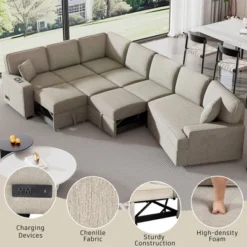126"W Convertible Sectional Sofa Couch Set, Pull-out Sleeper Sofa Bed With Charging Devices And Cup Holders 4S -ModernLuxe -Baxton Studio Shop GUEST e30033da f6e3 4bce b933 3679379f5609