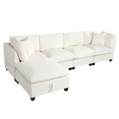 128" Upholstered Modular Sectional Sofa With Removable Storage Ottoman, 2 Hidden Cup Holders-ModernLuxe -Baxton Studio Shop GUEST e376f3a6 0612 478f 91c3 bda46a1fbc04