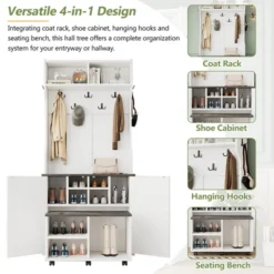 TIRAMISUBEST Farmhouse 4-in-1 Hall Tree With Barn Doors - Entryway Organizer With 7 Hooks & Wheels, White -Baxton Studio Shop GUEST e3a2d2f4 aa5f 42e1 97fe 825ac7d21123