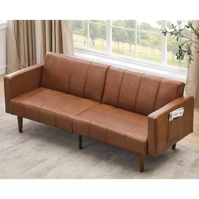 75" Futon Sofa Bed, Mid-Century Modern Futon Couch, Convertible Sleeper Sofa With Adjustable Backrest, PU Leather Sofa Couch For Living Room, Brown 2 75" Futon Sofa Bed, Mid-Century Modern Futon Couch, Convertible Sleeper Sofa With Adjustable Backrest, PU Leather Sofa Couch For Living Room, Brown - Image 2