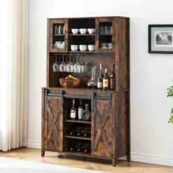 Whizmax 70" Coffee Bar, Liquor Cabinet, Sliding Barn Door Buffet With Wine Rack, Storage Shelves For Kitchen, Dining Room, Tall Storage Cabinet -Baxton Studio Shop GUEST e4998a71 c5a8 4f5e a9bd 6e3be2b53ec0 1