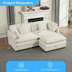 Mjkone 77'' L-Shaped Modular Deep Seat Sofa, Modern Chenille 3-Seat Cloud Sofa With Ottoman And Thickened Cushion