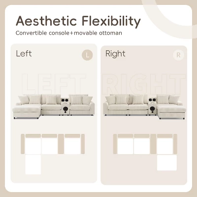 114''W Corduroy L-Shaped Sectional Sofa With Bluetooth Speakers, USB Charger, Cup Holders And Ottoman - ModernLuxe 3 114''W Corduroy L-Shaped Sectional Sofa With Bluetooth Speakers, USB Charger, Cup Holders And Ottoman - ModernLuxe - Image 3