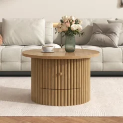 Round Coffee Table With Storage, 30.5" Wooden Center Table With Drawer, Accent Cocktail End Table For Living Room Bedroom Office -Baxton Studio Shop GUEST e5c58198 e962 4b39 8cc7 5c621dc8e355