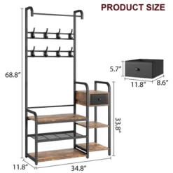 Hall Tree Shoe Bench, 8 Sturdy Hooks, 5-in-1 Industrial Entryway Bench With Storage Drawer, Coat Rack For Apartment, Bedroom, Rustic Brown -Baxton Studio Shop GUEST e5d68197 3117 4e17 9784 ba23868ce092