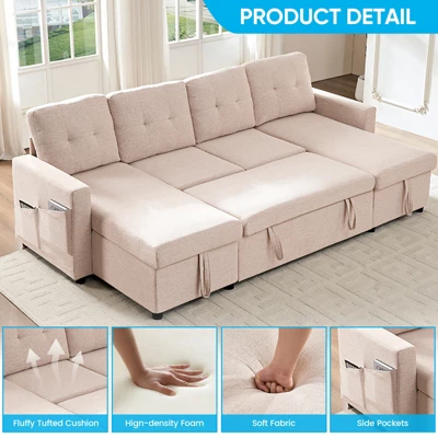 Mjkone W98" 4-Seater Modular Sleeper Sofa Bed With Storage Chaise,U-shaped Sofa With Pull-out Bed 9 Mjkone W98" 4-Seater Modular Sleeper Sofa Bed With Storage Chaise,U-shaped Sofa With Pull-out Bed - Image 9