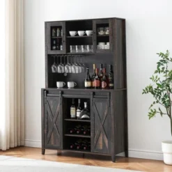Farmhouse Coffee Bar Cabinet, Sliding Barn Doors Wine Bar Cabinet With Storage Shelves -Baxton Studio Shop GUEST e67d6d18 544f 4fbc 9248 c5d02a367813 1