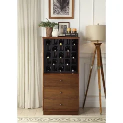 Gulches 25 Bottle Wine Cabinet, 3Drawers 21"x13"x5"H, Wooden Construction With Metal Glides, Free Standing -Baxton Studio Shop GUEST e7715a9f 0bb9 4114 9811 a977365e3477
