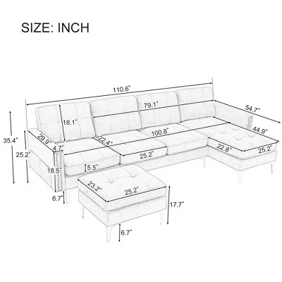 111" U-Shape Convertible Sectional Sofa Couch With Movable Ottoman-ModernLuxe 6 111" U-Shape Convertible Sectional Sofa Couch With Movable Ottoman-ModernLuxe - Image 6