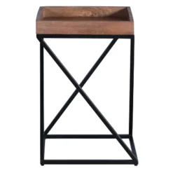 22" X Shape Iron Frame Industrial End Side Table With Mango Wood Tray Top Brown/Black - The Urban Port
