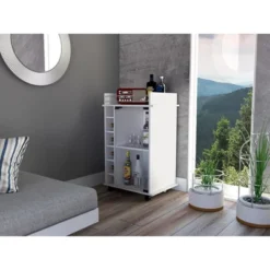 Gulches White Bar Cart With Glass Door, Wine Rack & Locking Casters -Baxton Studio Shop GUEST e870cb1d b12c 4409 abb9 bfec089ad950