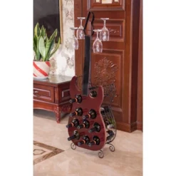 Vintiquewise Vintage Wood And Metal Guitar Shaped 9 Bottle Freestanding Decorative Wine Holder