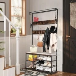 Entryway Storage Bench, 3-Tier Industrial Shoe Rack With 5 Coat Hooks, Rustic Wood Style Hall Tree For Home/Closet Organization -Baxton Studio Shop GUEST e975708f 6990 48a3 ab65 2caa11f03c0a
