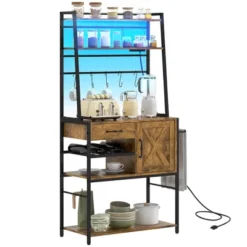 HOMCOM Kitchen Baker's Rack With Power Outlet, LED Lights, Microwave Stand With Storage Shelves, Wine Bottle Rack, Barn Door Cabinet -Baxton Studio Shop GUEST e98f7e3a 7697 476f a200 7a685c8aabe7