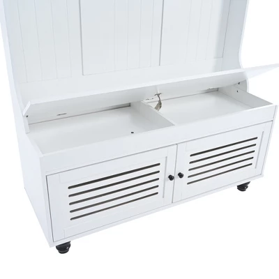 TIRAMISUBEST 5-in-1 Hall Tree With Storage Bench & 4 Hooks - Shutter Door Entryway Organizer For Coats, Shoes, Farmhouse Style, 47" 8 TIRAMISUBEST 5-in-1 Hall Tree With Storage Bench & 4 Hooks - Shutter Door Entryway Organizer For Coats, Shoes, Farmhouse Style, 47" - Image 8