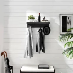 25.6" X 5.75 Wall Mounted Entryway Coat Rack With Decorative Ledge Shelf And Hooks Black - Danya B.