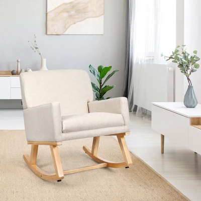 Costway Mid Century Fabric Rocking Chair Upholstered Accent Armchair Lounge Chair Beige/Gray 3 Costway Mid Century Fabric Rocking Chair Upholstered Accent Armchair Lounge Chair Beige/Gray - Image 3