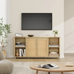 70 Inch TV Stand, Boho TV Stand With Rattan Cabinet Doors, Entertainment Center With 4 Open Shelve, Mid-Century Modern TV Stands - Natural -Baxton Studio Shop GUEST ebda9949 8d37 4fd4 98bc a27a5e8f304e