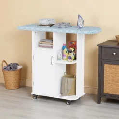 ORRD Solid Wood Folding Ironing Board With Storage Cabinet, Heat Resistant Sponge And Wheels For Small Spaces, Laundry Room - Antique White
