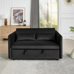 55" 3-in-1 Convertible Velvet Loveseat Sofa Bed With Adjustable Backrest, 2 Pillows, Side Storage Pocket, Space-Saving Design, Ideal For Living Room -Baxton Studio Shop GUEST ec815f73 d57d 42b5 853e ea8ab34689f5