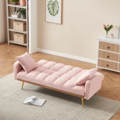Aukfa 69"Convertible Sofa Bed With Teddy Fabric & Gold Legs - Modern Futon Couch Includes 2 Pillows, For Living Room/Bedroom -Baxton Studio Shop GUEST ed9ab164 01ae 454f a63a 9c149361c625