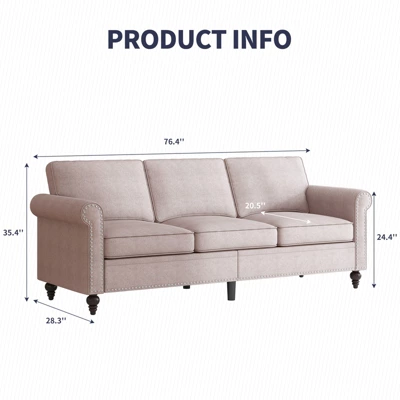 Mjkone Linen Fabric Modern 3-Seater Sofa Couch With Rivet Design 1 Mjkone Linen Fabric Modern 3-Seater Sofa Couch With Rivet Design