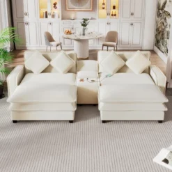 111" Sectional Sofa With 2 Removable Ottoman, Chenille Upholstered Sofa With 2 USB Ports, 2 Cup Holders And Large Storage Box 4A - ModernLuxe