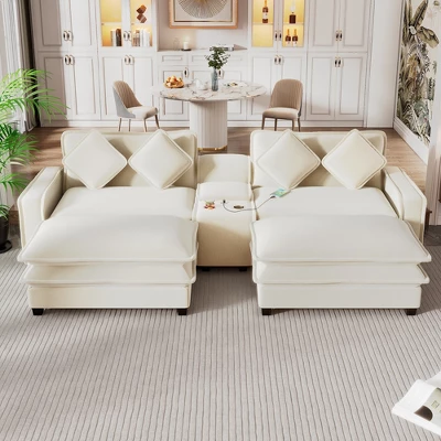 111" Sectional Sofa With 2 Removable Ottoman, Chenille Upholstered Sofa With 2 USB Ports, 2 Cup Holders And Large Storage Box 4A - ModernLuxe 1 111" Sectional Sofa With 2 Removable Ottoman, Chenille Upholstered Sofa With 2 USB Ports, 2 Cup Holders And Large Storage Box 4A - ModernLuxe