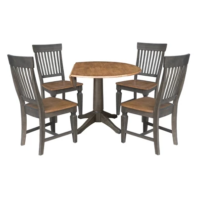 42" Round Dual Drop Leaf Dining Table With 4 Slat Back Chairs Hickory/Washed Coal - International Concepts 3 42" Round Dual Drop Leaf Dining Table With 4 Slat Back Chairs Hickory/Washed Coal - International Concepts - Image 3