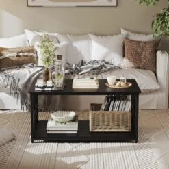 2-Tier Coffee Table For Small Spaces, X-Frame Living Room Low Coffee Table With Storage Shelf -Baxton Studio Shop GUEST ef0959b1 be1f 47f7 8933 d7f4c760ec5f