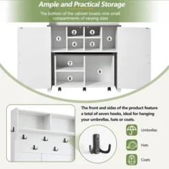 TIRAMISUBEST Farmhouse 4-in-1 Hall Tree With Barn Doors - Entryway Organizer With 7 Hooks & Wheels, White -Baxton Studio Shop GUEST ef2ac92c 11b9 42af 9649 f6468b95aae8