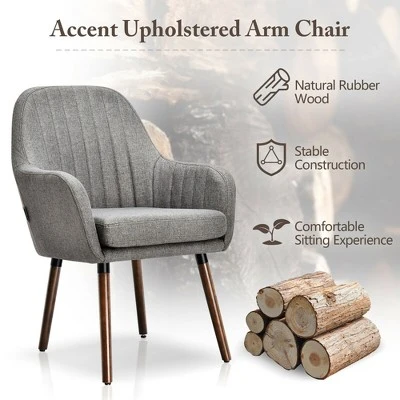 Costway Set Of 2 Accent Chairs Fabric Upholstered Armchairs W/Wooden Legs Beige/Gray 8 Costway Set Of 2 Accent Chairs Fabric Upholstered Armchairs W/Wooden Legs Beige/Gray - Image 8