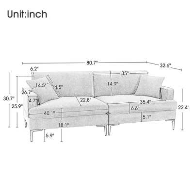 80.7" Modern Upholstered Loveseat Sofa With Metal Legs And 2 Pillows-ModernLuxe 2 80.7" Modern Upholstered Loveseat Sofa With Metal Legs And 2 Pillows-ModernLuxe - Image 2
