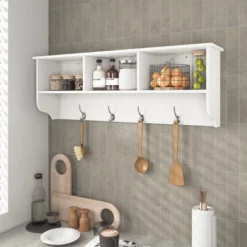 VANIRROR White Wall-Mounted Coat Rack With 4 Dual Hooks, Wooden Storage Shelf For Entryway And Living Room Organization -Baxton Studio Shop GUEST ef8b4fcc 6dc1 4c5e b506 92efecdb1e7f