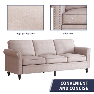 Mjkone Linen Fabric Modern 3-Seater Sofa Couch With Rivet Design 3 Mjkone Linen Fabric Modern 3-Seater Sofa Couch With Rivet Design - Image 3