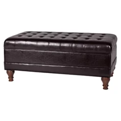 Deluxe Tufted Storage Bench Espresso - HomePop: Faux Leather, Bedroom & Living Room Use, Hinged Lid